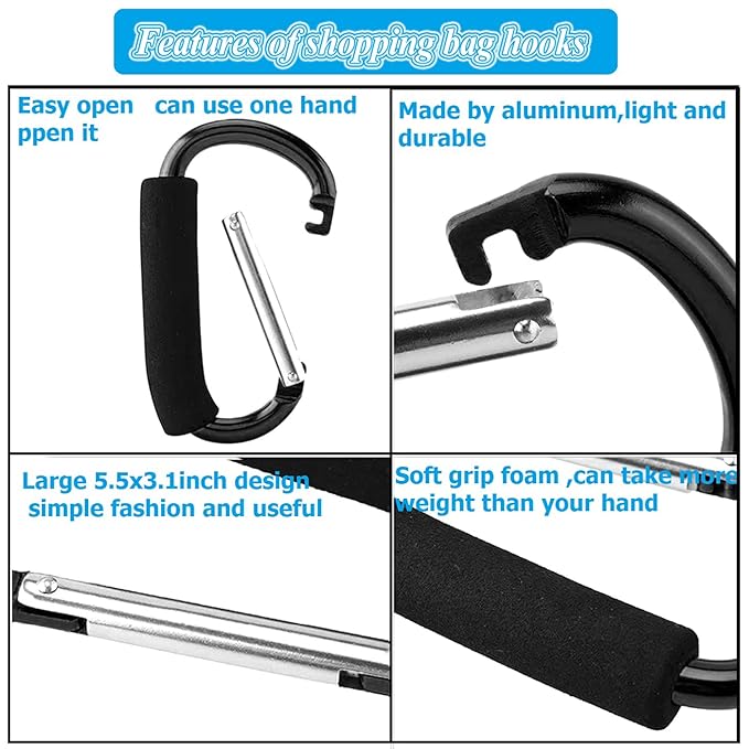 Stroller Hooks by Baby,Large Stroller Hooks for Mommy, 2 pcs Carabiner Stroller Hook Organizer for Hanging Purses, Diaper Bag, Shopping Bags. (Sky Blue)