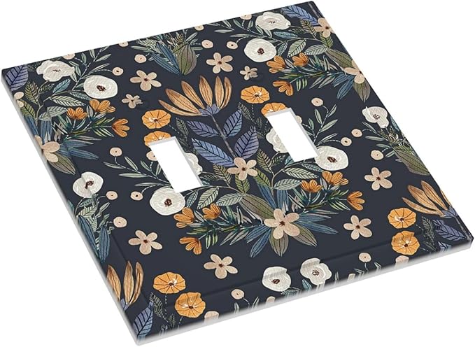 Boho Leaf Floral Navy Blue Background Double Toggle Light Switch Covers 2 Gang Wall Plate Dual Decorative Switchplate Electrical Faceplate for Farmhouse Country Bedroom Bedroom Decor