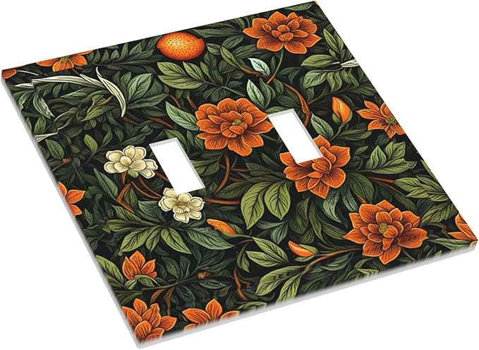 Light Switch Cover Plate William Morris Orange Flowers Rustic Leaves Floral 2 Gang Double Toggle Decorative Switch Plates Wall Plates Electrical Faceplate for Bathroom Bedroom Decor