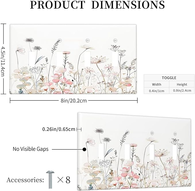 Floral Watercolor Wildflower Dandelion Plant Light Switch Covers Quad Toggle Electrical Faceplate 4 Gang Wall Plate Decorative Switch Plates for Farmhouse Bed Room Decor