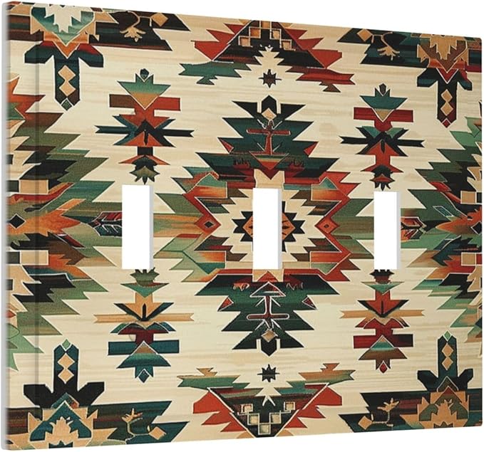 Decorative Switch Plates Southwest Rustic American Indian Aztec Boho 3 Gang Wall Plate Triple Toggle Light Switch Cover Faceplate Electrical Wall Panels for Bed Room living Room Decor
