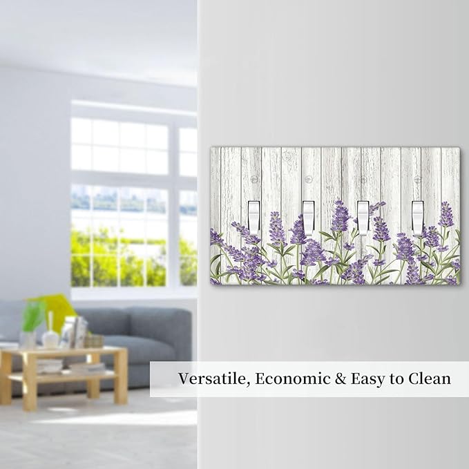 Rustic Wooden Plank Lavender 4 Gang Wall Plate Quad Toggle Light Switch Cover Decorative Outlet Covers Electrical Light Switches Faceplate for Bedroom Bathroom Kitchen Decor