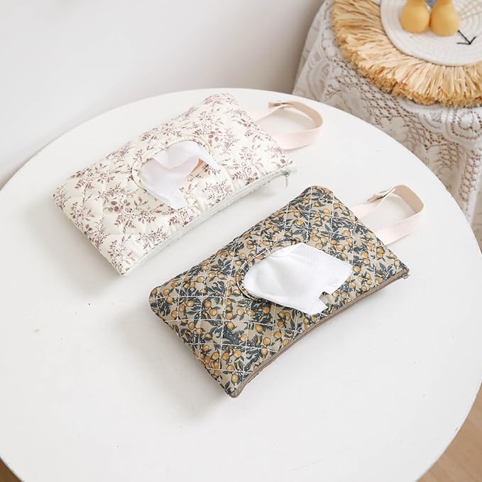 Quilted Baby Wipe Holder Quilted Wipe Pouch Portable Hanging Floral Wet Wipes Bag for Car, Stroller