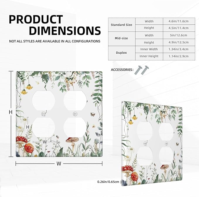 Outlet Covers Sage Plant Red Mushroom Butterfly Wild Flower 2 Gang Double Duplex Decorative Light Switch Covers Electrical Wallplates Socket Faceplate For Bed Room Kids Room Decor