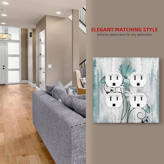 Teal Daisy Vintage Flower Butterfly Rustic Wood Print Outlet Covers 2 Gang Double Duplex Decorative Light Switch Covers Electrical Wallplates Socket Faceplate for Farmhouse Home Decor