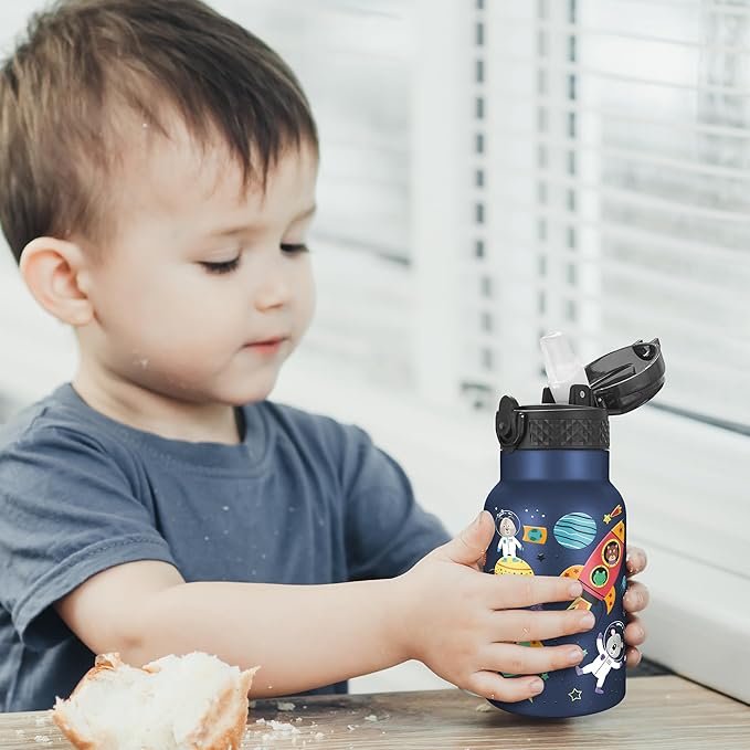 Han's Bottle Kids Water Bottle with Straw Lid - Insulated Stainless Steel Reusable Tumbler for Girls,Boys,Thermo Mug,12oz,Cosmic Animals