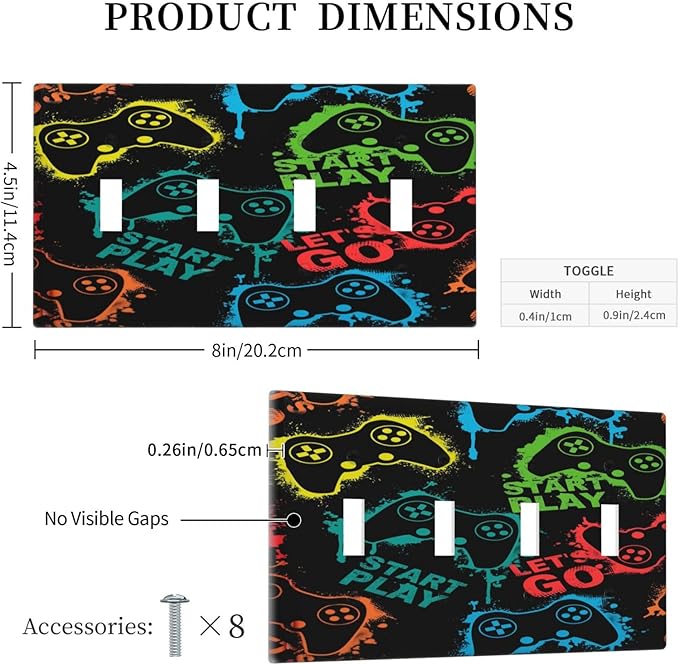 Gaming Hippie Gamer Modern Gamepad Colorful Graffiti Light Switch Covers Quad Toggle Electrical Faceplate 4 Gang Wall Plate Decorative Switch Plates Cover for Kids Room Nursery Decor