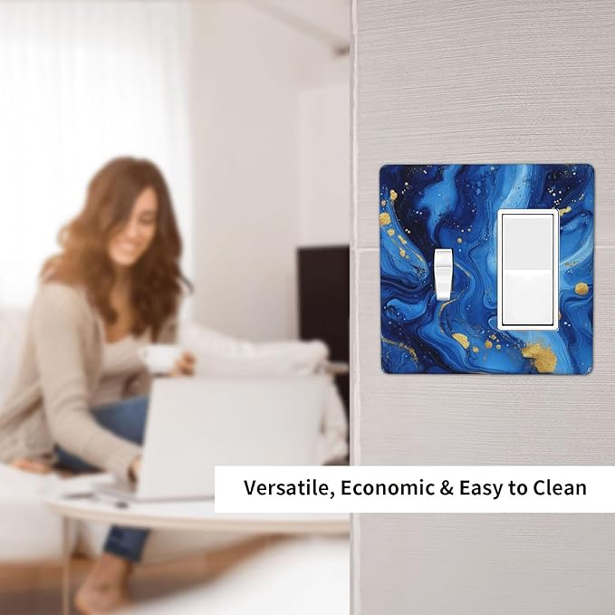 Light Switch Cover Plate Navy Blue Gold Marble Abstract Luxury 2 Gang Toggle Rocker Combo Wall Plates Decorative Switch Plates and Outlet Covers Socket Cover for Bathroom Home Decor