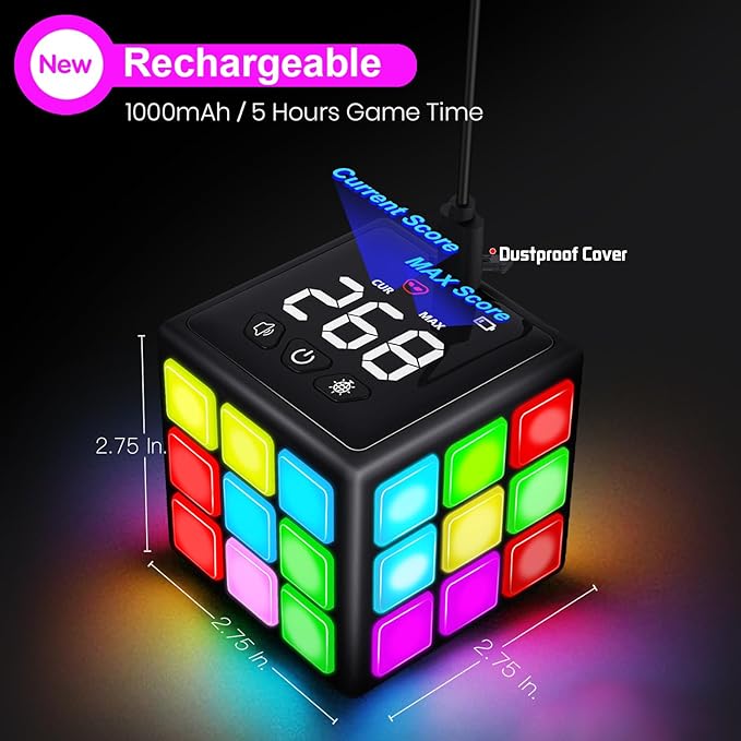 Xinbeiya Rechargeable Handheld Cube with Games - 15 Fun Brain & Memory Games with Score Screen for Kids Teens - Christmas Easter Birthday Gifts for Boys Girls Ages 6-12+ Years Old (Black)