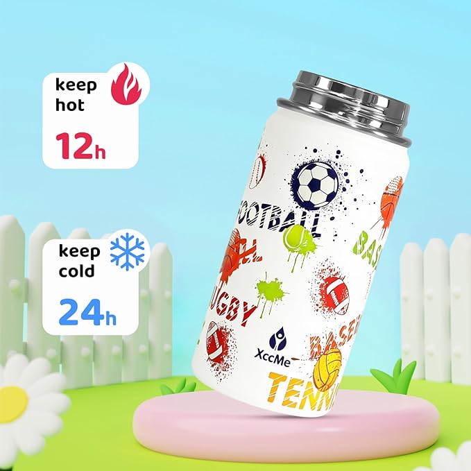 14oz Sports Ball Kids Water Bottle With Straw Lid,Stainless Steel Water Bottle,Double Wall Leak Proof & BPA-Free Kids Cup,Insulated Metal Bottle for Toddlers,School Boys Girls