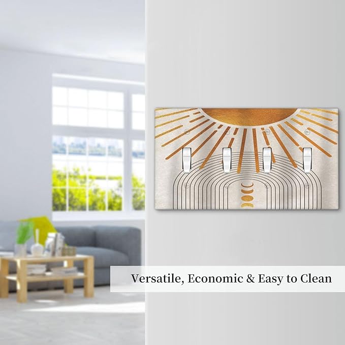 Mid Century Gold Sun Abstract Arch Boho Moon Quad Toggle Light Switch Covers Decorative Unique 4 Gang Wall Plate Electrical Faceplate Switchplate for Kitchen Bedroom Bathroom Decor