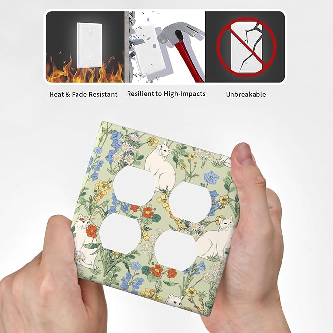 Outlet Covers Vintage Floral Cute Cat Colorful Flowers 2 Gang Double Duplex Decorative Light Switch Covers Electrical Wallplates Socket Faceplate For Bed Room Living Room Decor