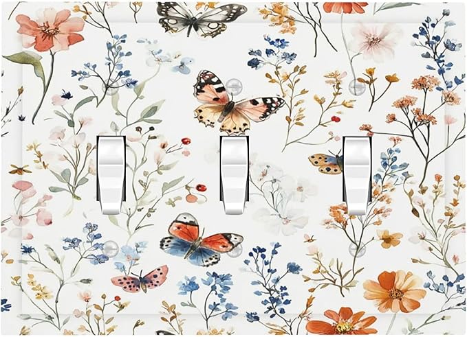 Decorative Switch Plates Vintage Wildflowers Plants Floral 3 Gang Wall Plate Triple Toggle Light Switch Cover Faceplate Electrical Wall Panels For Bed Room Living Room Decor