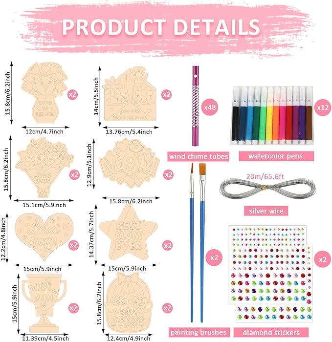 gisgfim 16 Pack Mother’s Day Wind Chime Kits Mom Crafts for Kids Make Your Own Best Mom Wind Chime Wooden DIY Arts and Crafts for Mother’s Day Party School Classroom Decor Supplies Birthday Favors