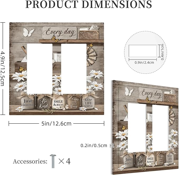 Rustic Daisy Flower Butterfly Inspirational Cottage Decorative Outlet Covers 2 Gang Double GFCI Rocker Electrical Wall Panels Light Switch Cover Plate for Farmhouse Bedroom Decor