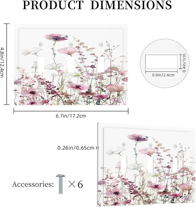 Floral Pink Watercolor Wildflowers Plant Flower Decorative Switch Plates 3 Gang Wall Plate Triple Toggle Light Switch Cover Faceplate Electrical Wall Panels for Bedroom Living Room Decor