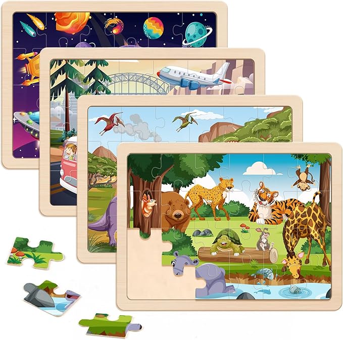 Puzzles for Kids Ages 4-6, 4 Packs 24 Piece Wooden Jigsaw Puzzle for Toddlers 3-5, Preschool Educational Toys Gifts for Boys and Girls