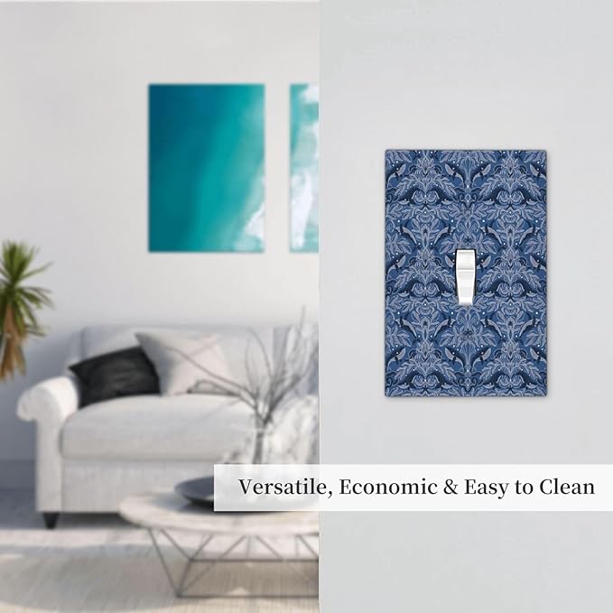 Blue Modern Nautical Art Whale Fish Ocean Damascus Decorative Light Switch Cover 1 Gang Single Toggle Device Electrical Faceplate Switchplates Decorator Outlet Wall Plate for Bedroom Living Room Decor