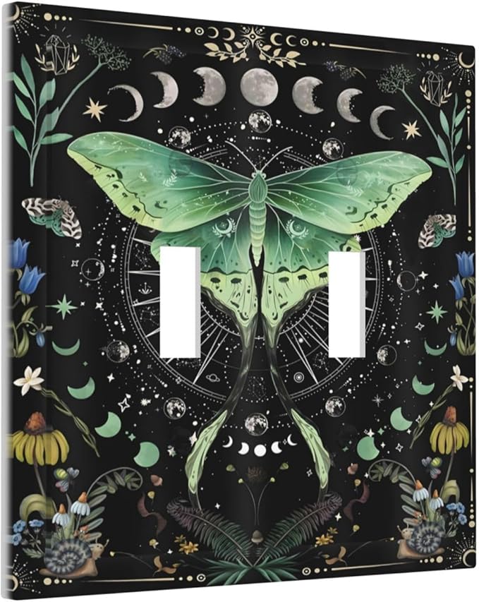 Moon Phase Butterfly Wildflower Plant Mysterious Night Moonlit Decorative Switch Plates 2 Gang Double Toggle Outlet Light Switch Cover Wall Plate Electrical Faceplate for Bedroom Living Room Decor