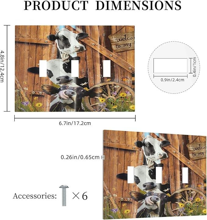 Decorative Switch Plate Covers Farm Cow Farmhouse Barn Door Rustic Vintage Wooden 3 Gang Light Switch Cover Country Wildlife Funny Triple Toggle Wall Plate Electrical Faceplate