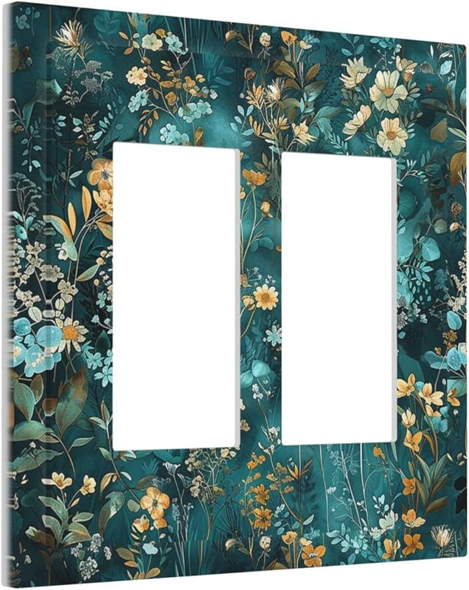 Decorative Outlet Covers Green Leaf Floral Boho Golden Flower Plant 2 Gang Double Gfci Rocker Electrical Wall Panels Light Switch Cover Plate For Bed Room Cabin Decor