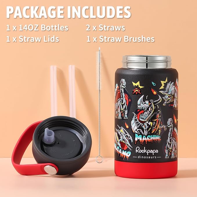 rockpapa 14 oz Kids Insulated Water Bottle，Stainless Steel Toddler Cups with Straws, BPA Free, Leak-Proof, Kids Water Bottle for School Boys&Girls (Black Dinosaur)