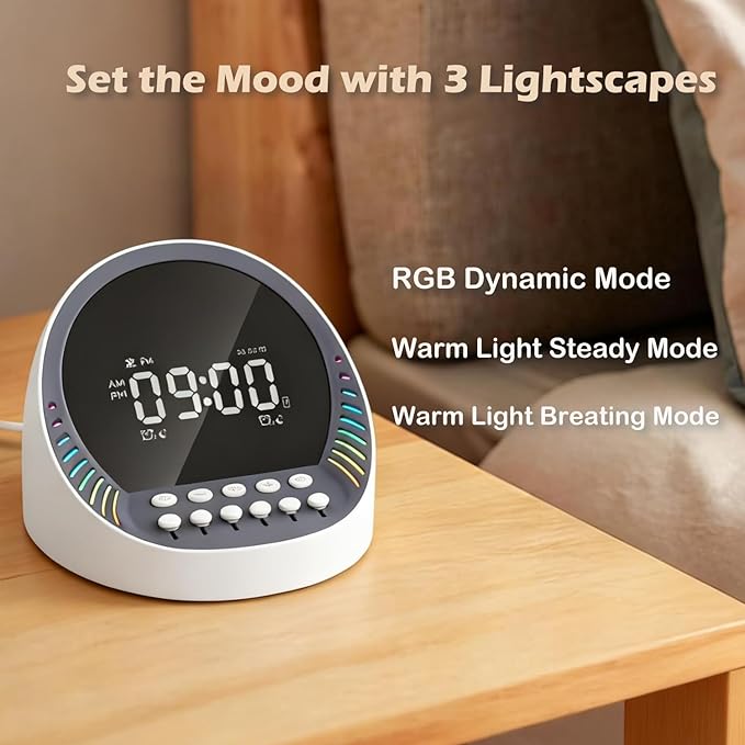 White Noise Sound Machine with Bluetooth Speaker, 6 Mixable Nature Sounds & 6-Color Night Light, Alarm Clock, Sleep Timer for Adults, Kids, Baby Sleeping, Bedroom, Office
