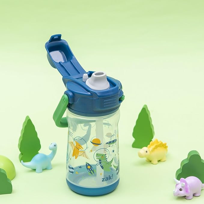 Zak Designs Beacon Kid Water Bottle for Travel or At Home, 12oz Plastic is Durable and Leak-Proof with Liquid Lock Spout, Cover, Carry Handle, Protective Base (Dinosaur)