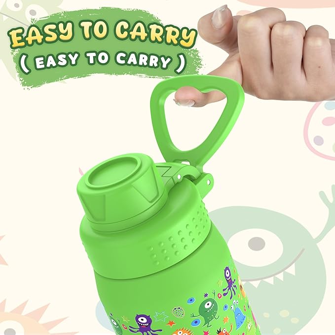 GOPPUS 15oz Kids Water Bottle with Spout Lid, Toddler Water Bottle, Stainless Steel Insulated Water Bottle, Leakproof, BPA Free, Suitable for Boys and Girls for School（Monsters）