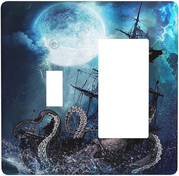 Moon Ocean Nautical Octopus 2 Gang Single Toggle/Rocker Combination Light Switch Cover Decorative Wall Plate Cover Electrical Faceplate Art Oil Painting Decor