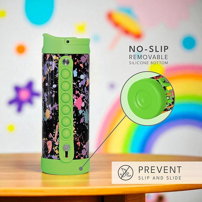 Elemental Iconic Kids Water Bottle with Straw Lid & Stress Relief Pop It Handle, Leak-Proof When Closed, Triple Insulated Kids Stainless Steel Water Bottle For Girls and Boys, 14oz -Green Splatter