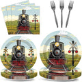 96 Pcs Train Paper Plates and Napkins Party Supplies Steam Train Birthday Disposable Tableware Set Retro Trains Transportation Party Decorations Favors for Baby Shower Dinnerware Favor Serves 24