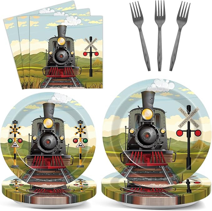 96 Pcs Train Paper Plates and Napkins Party Supplies Steam Train Birthday Disposable Tableware Set Retro Trains Transportation Party Decorations Favors for Baby Shower Dinnerware Favor Serves 24