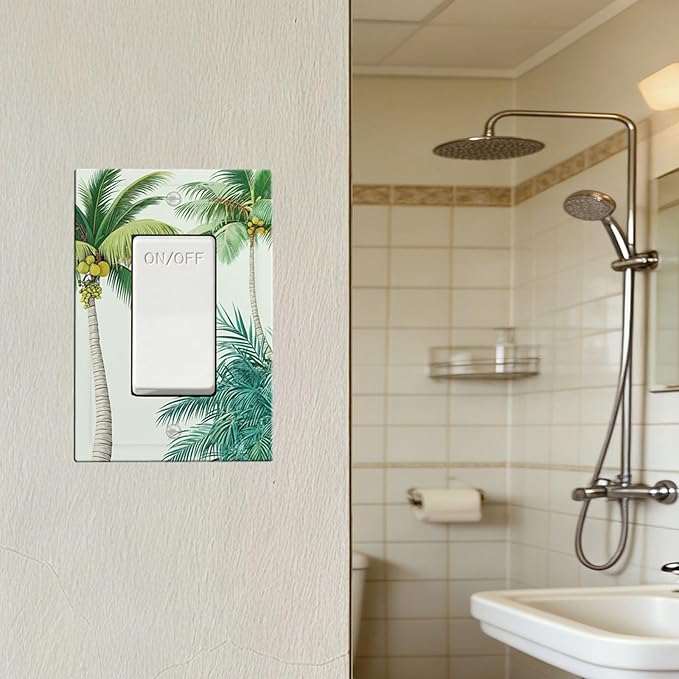 Tropical Palm Tree & Paradise Leaves Single Rocker Switch Cover - 1-Gang Standard US Size Island Vacation Vibes Light Switch Covers for Living Room Decor