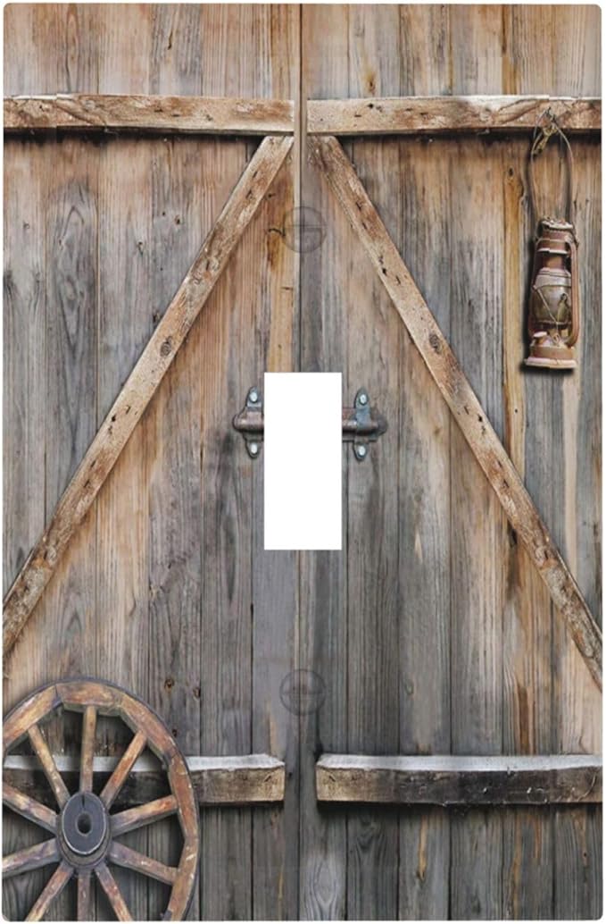 Western Rustic Barn Door Wooden Vintage Farm Wooden Country Garage Cabin 1 Gang Single Toggle Electrical Outlet Light Switch Wall Plate Receptacle Face Plate Cover Decorative One Device Switchplate