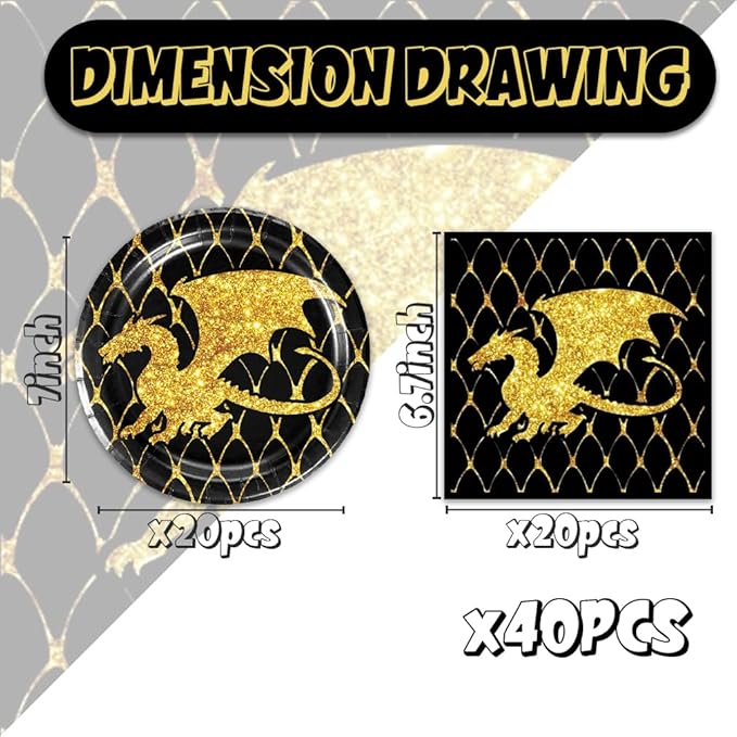 40Pc Gold Black Dragon Party Plates and Napkins for 20 Guests - Tableware Black and Gold Dragon Supplies for Fantasy Baby Shower Birthday Party Decorations
