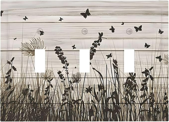 Wildflower Butterfly Grass Dandelion Vintage Wooden Print Decorative Switch Plates 3 Gang Wall Plate Triple Toggle Light Switch Cover Faceplate Electrical Wall Panels for Farmhouse Home Decor