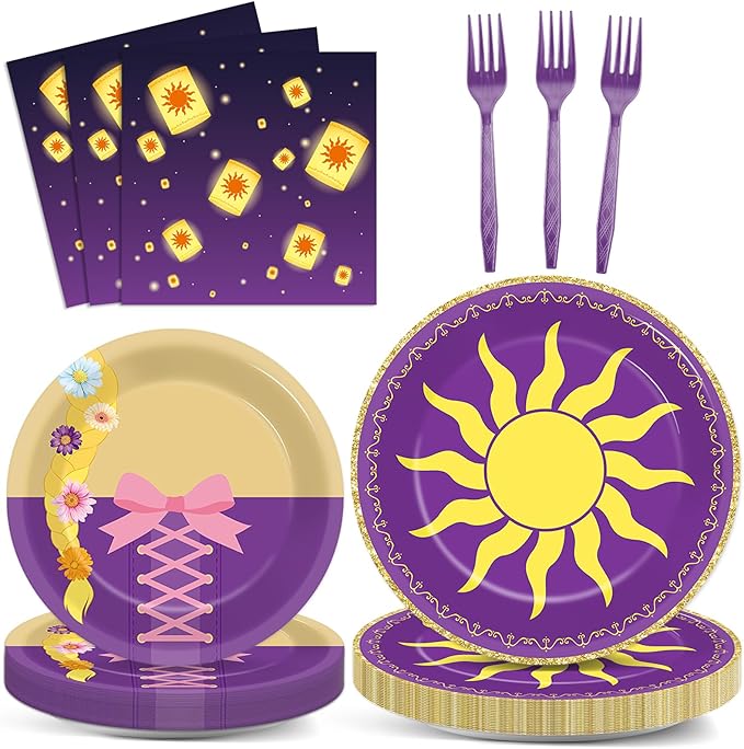 96Pcs Purple Sun Party Decorations Purple Princess Paper Plates and Napkins Princess Sun Themed Disposable Tableware Set for Girls Birthday Baby Shower Wedding Fairytale Party Supplies Serves 24