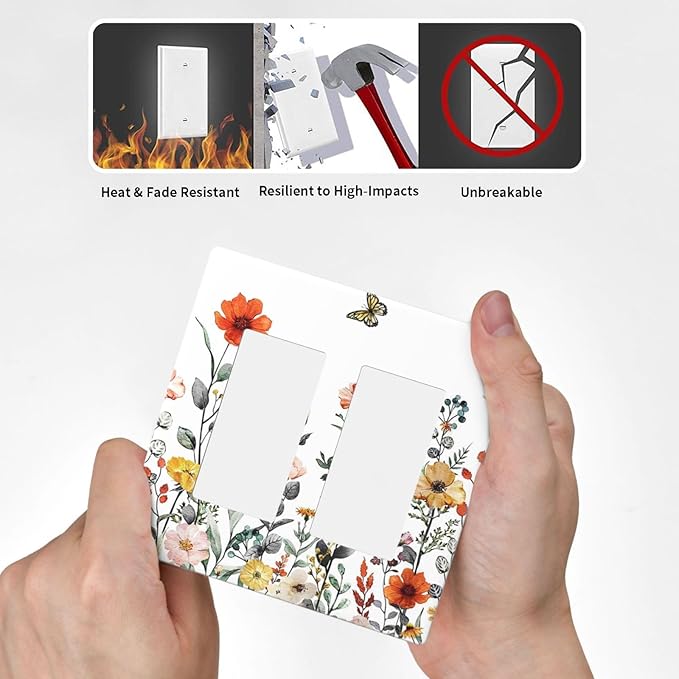 Vintage Colorful Floral Butterfly Wild Flower 2 Gang Double Decorator GFCI/Rocker Wall Plate Spring Nature Blossom Border Electrical Outlet Decorative Receptacle Cover Light Switch for Dimmer, USB