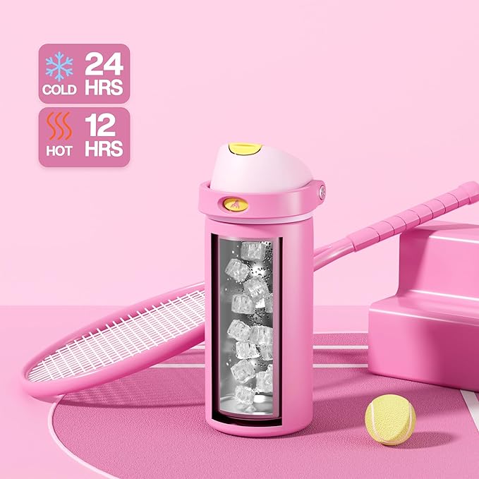 POWCAN 18 oz Steel Water Bottle: 2-in-1 Push-Button Spout & Quick-Flip Straw, Leakproof, Cold 24Hrs, Fits Car Cup Holder, Insulated Cup for Sports, Travel, School, Gift for Women, Girls (Rose Slumber)