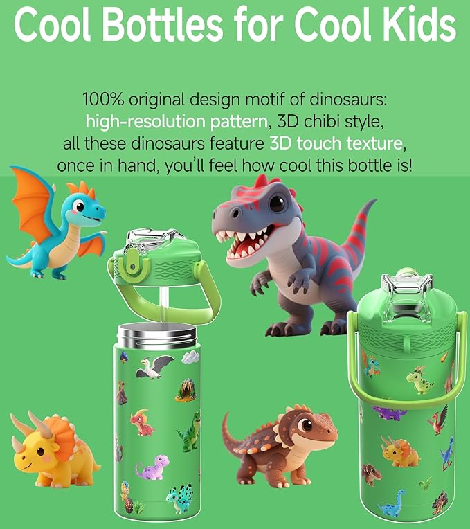 MYFOREST 14oz/400ml Insulated Kids Water Bottle, Odor-Free Surgical Grade Liner, Dishwasher-Safe, Name Spot, Soft Sipper, Gift for Dino Fan (DinoCraft: Chibi)