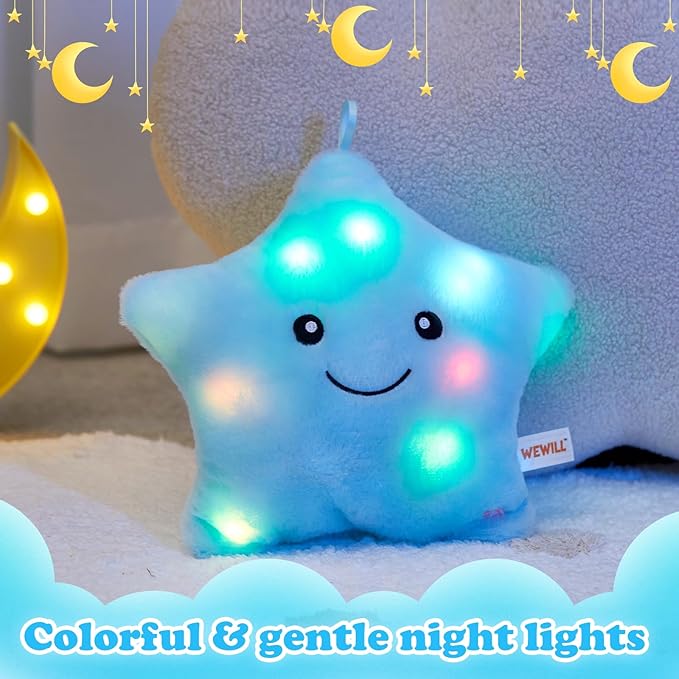 WEWILL 9'' LED Twinkle Star Soft Plush Toys Glowing Stuffed Star Light up Plush with Colorful Night Lights Birthday Gift for Toddler Kids(Blue)