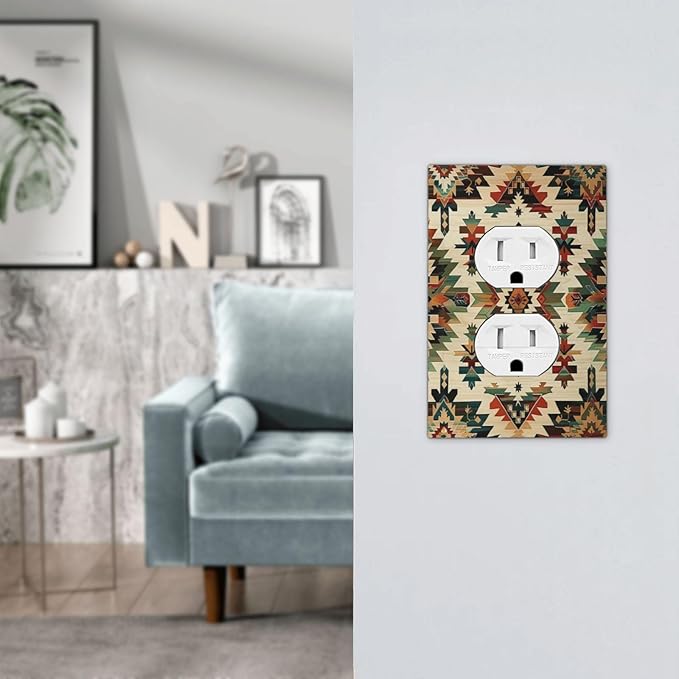 Outlet Covers Southwest Rustic American Indian Aztec Boho 1 Gang Duplex Light Switch Cover Decorative Switch Plates Electrical Receptacle Faceplate Wall Plate for Bed Room living Room