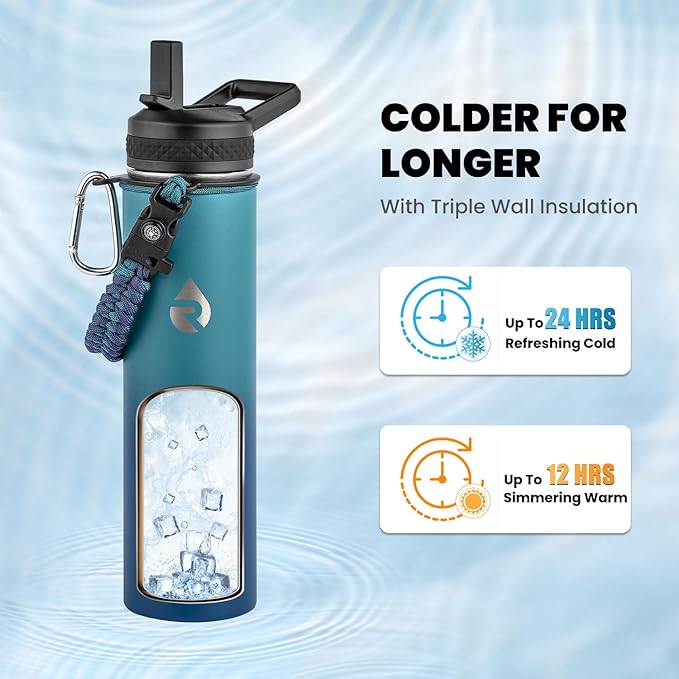 RAYMYLO Insulated Water Bottle 24oz, Triple Wall Vacuum Stainless Steel (Cold for 24Hrs, Hot for 12Hrs), Leak Proof & Non-BPA, 24oz Hydro Water Flask with Paracord Handle & Straw Spout Lids