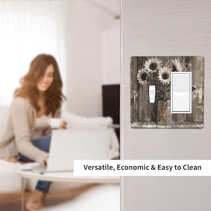 Rustic Floral Country Sunflower Daisy Old Wooden Boards Outlet Covers 1 Toggle 1 Rocker Combination Decorative Wall Plate Electrical Switch Plates Light Switch Cover Plate for Farmhouse Home Decor