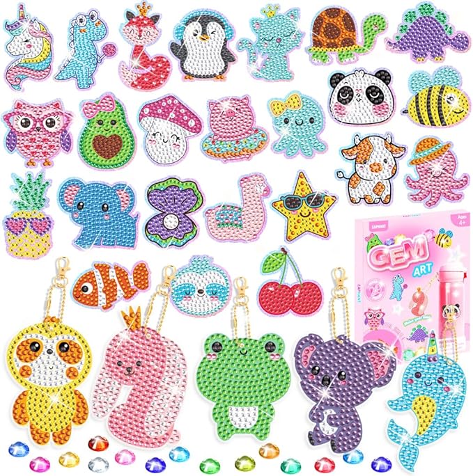 EAPHANT Diamond Art Kits for Kids, Gem Keychains and Stickers Painting Gifts for Girls Ages 4-8 8-12, Arts and Crafts Toys for Kids with 29 Designs