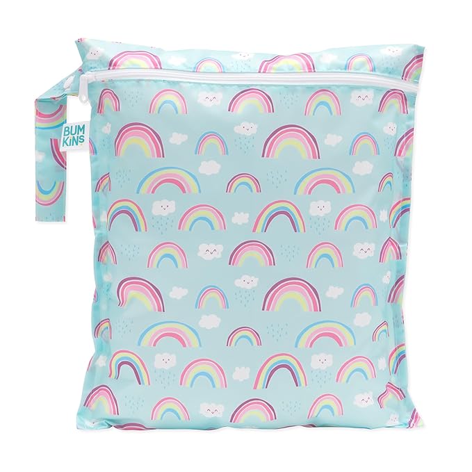 Bumkins Waterproof Wet Bag for Baby, Travel, Swim Suit, Cloth Diapers, Pump Parts, Pool, Beach, Gym Clothes, Toiletry, Hook to Stroller, Daycare, Zipper Reusable Wetdry Packing Pouch, Rainbows Blue