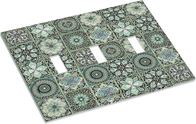 Moroccan Mandala Tile Floral Talavera Tiles Decorative Switch Plates 3 Gang Wall Plate Triple Toggle Light Switch Cover Faceplate Electrical Wall Panels for Bathroom Kitchen Decor
