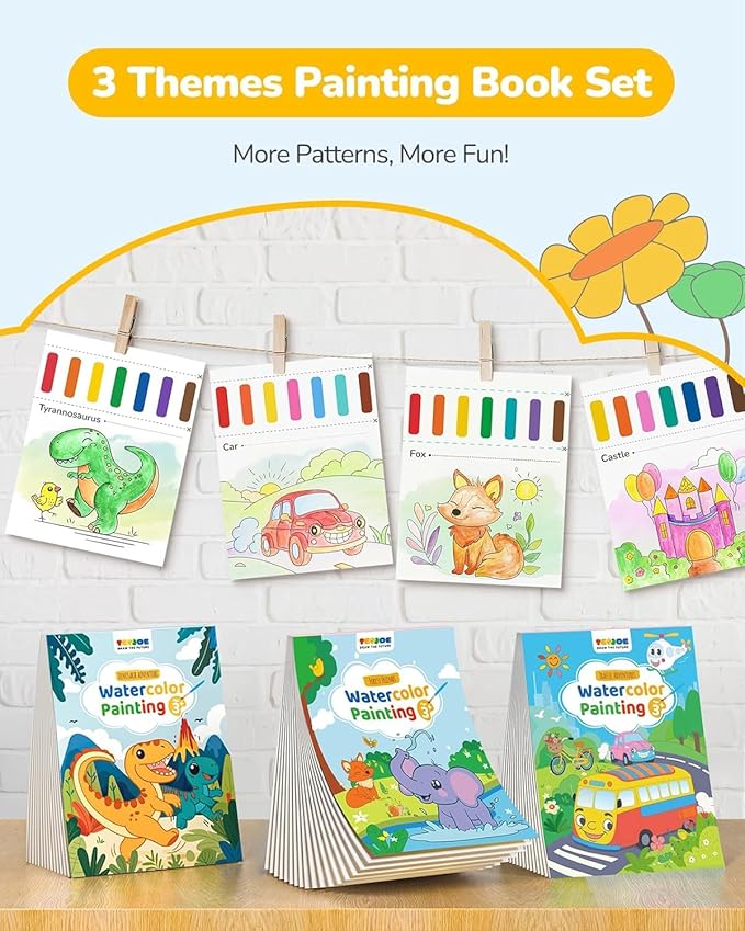 TECJOE 3 Pack Paint with Water Coloring Books for Toddlers, Mess Free Watercolor Painting Set with 6 Brushes, Travel Art Craft Toys Birthday Gifts for Kids Ages 3-8, Traffic, Forest & Dinosaur