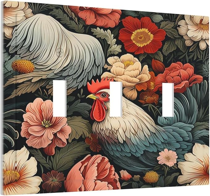 Decorative Switch Plates Rooster Flowers Red White Chicken Floral 3 Gang Wall Plate Triple Toggle Light Switch Cover Faceplate Electrical Wall Panels for living Room Farmhouse Decor